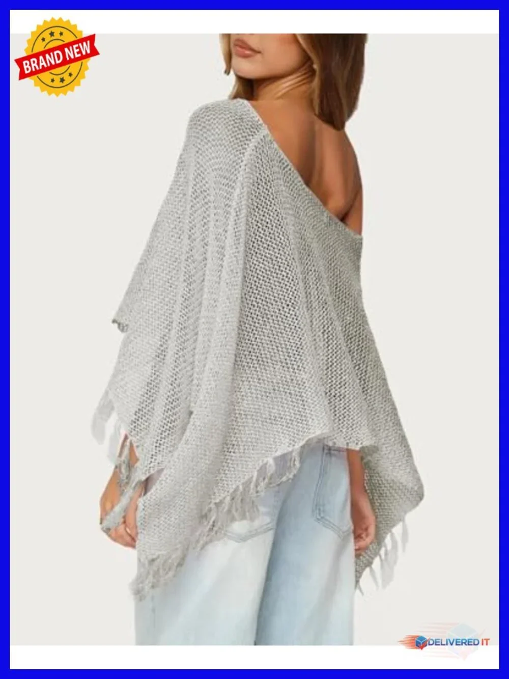 Lightweight Sheer Poncho Wrap Fringe One Shoulder Knit Cover Up